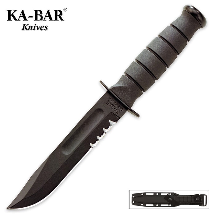 KA-BAR Short Black Serrated Knife with Glass Filled Nylon Sheath