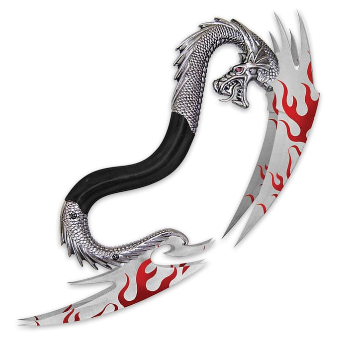 Double Blade Red Flaming Dragon Handle Fantasy Knife