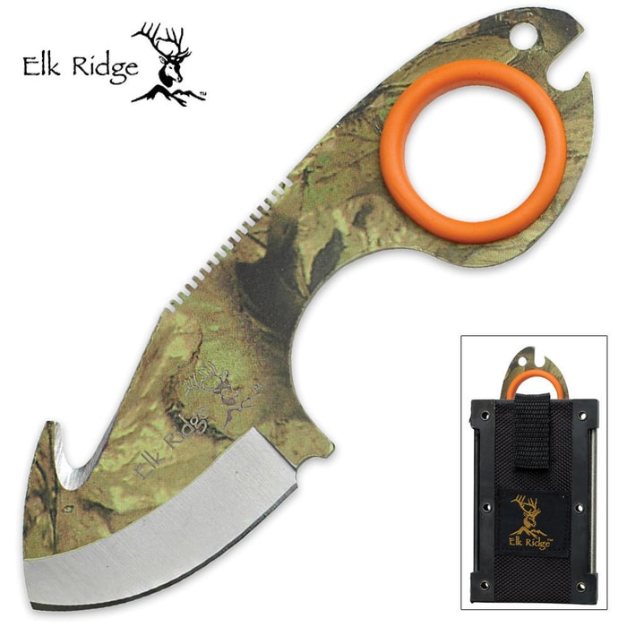 Elk Ridge Fixed Blade Camouflage Skinning Knife With Gut Hook