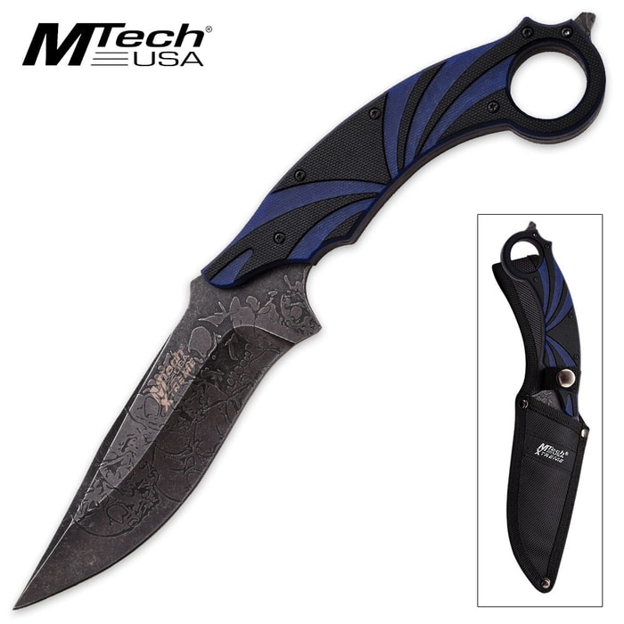 MTech USA Xtreme Fixed Blade Knife with Nylon Sheath - Blue / Black G10 Handle