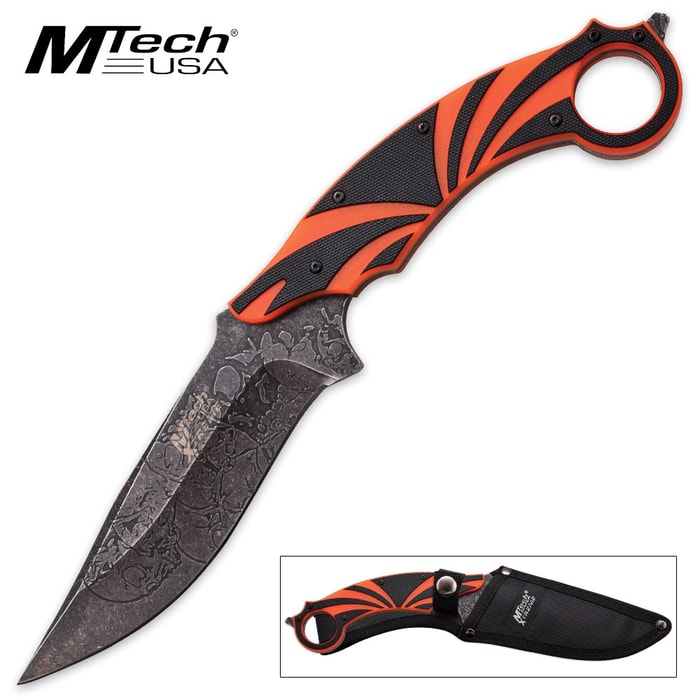 MTech USA Xtreme Fixed Blade Knife with Nylon Sheath - Orange / Black G10 Handle