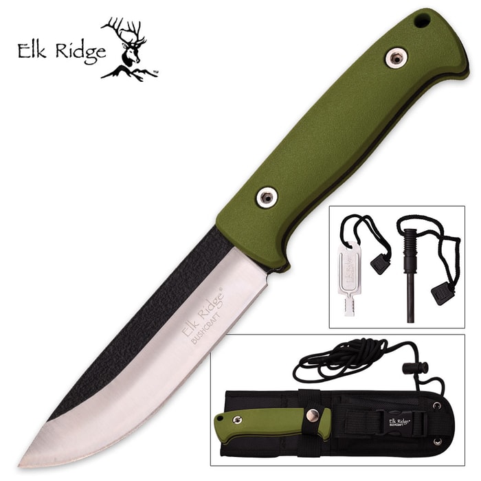 Elk Ridge Survivor Fixed Blade Knife with Sheath - Fire Starter, Whetstone, Paracord - Green