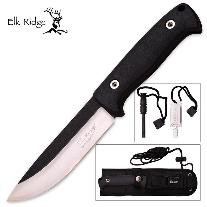 Elk Ridge Survivor Fixed Blade Knife with Sheath - Fire Starter, Whetstone, Paracord - Black