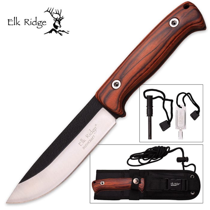 Elk Ridge Survivor Fixed Blade Knife with Survival Kit and Sheath - Brown Pakkawood