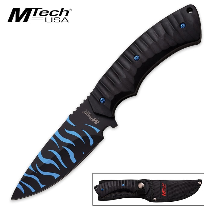 MTech USA Blue Paint Camo Coating Fixed Blade Knife