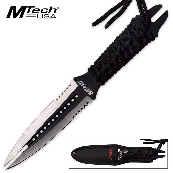 MTech Serpent’s Tongue Double Edged Twin Point Dagger With Nylon Sheath - Black and Silver