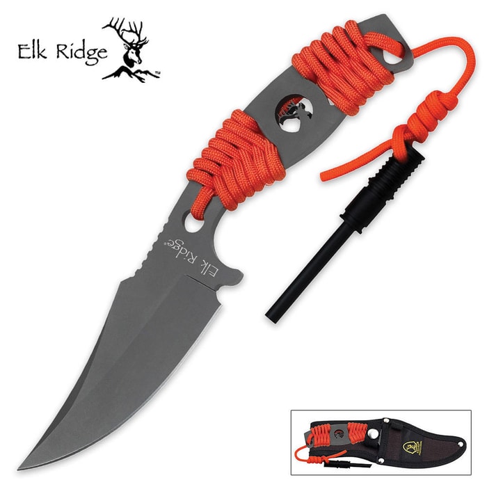 Elk Ridge Ti-Coated Fixed Blade Knife with Cord Wrapped Handle and Fire Starter