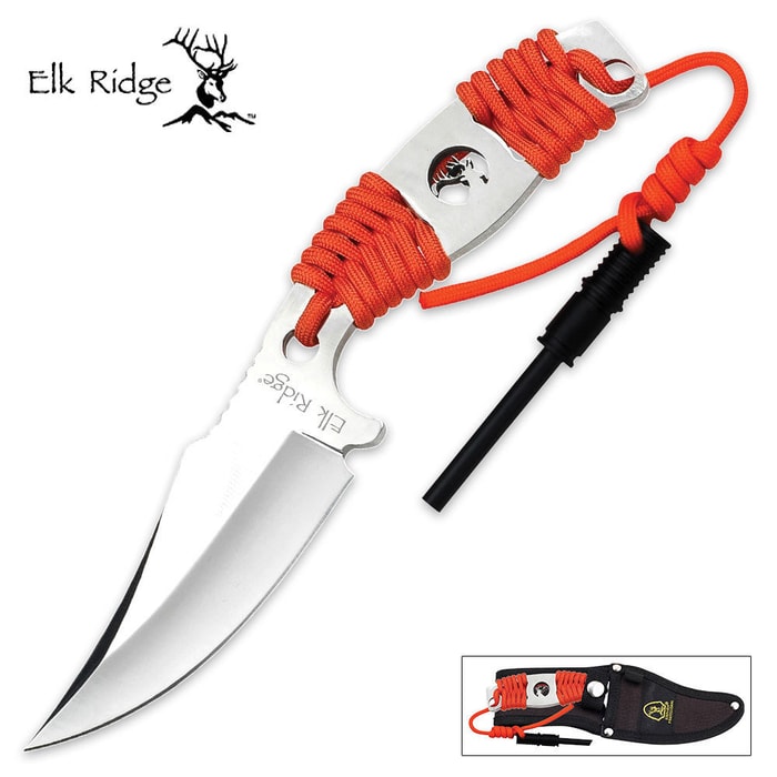 Elk Ridge Fixed Blade Knife with Cord Wrapped Handle and Fire Starter