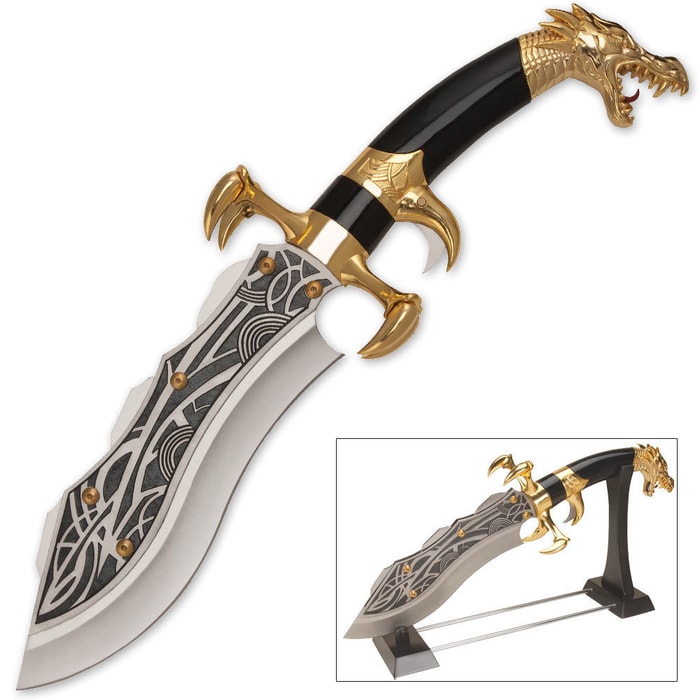 Tom Anderson 16 inch Fantasy Dragon Knife with Stand Gold