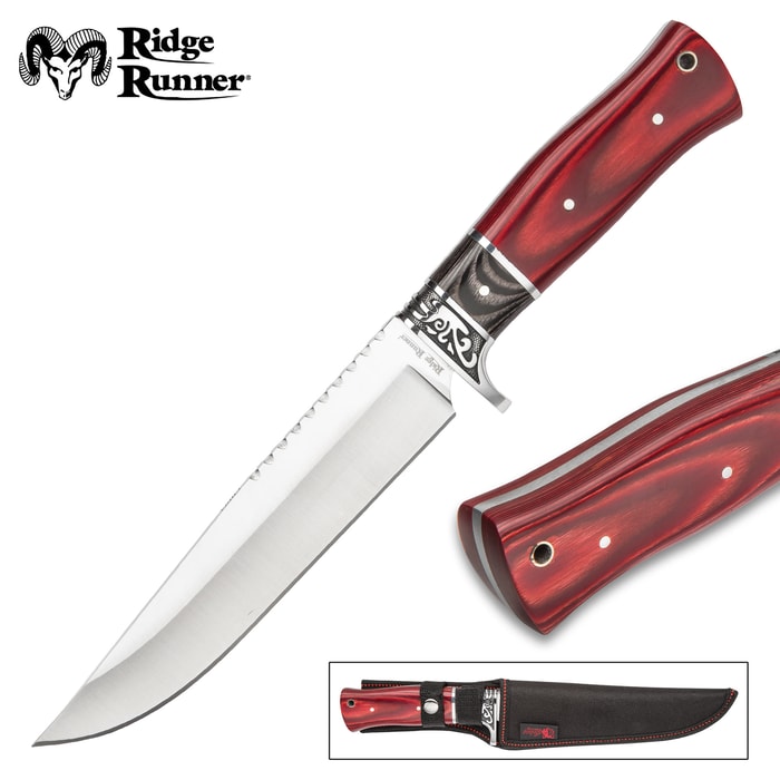 Ridge Runner Foxthorn Fixed Blade / Bowie Knife - Stainless Steel, Red and Black Pakkawood - Ornate Reliefs, Lanyard Hole, Nylon Sheath - Fully Functional, Full Tang, Razor Sharp - 12 1/4"