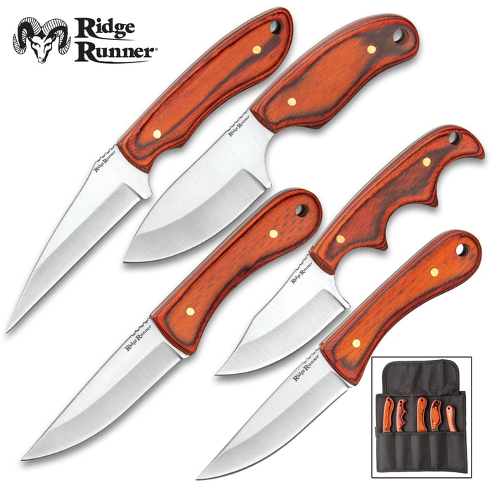 Ridge Runner Five-Piece Brown Wooden Knife Set With Pouch - Game Cleaning, Stainless Steel Blades, Pakkawood Handles