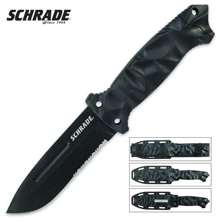 Schrade Partially Serrated Black Drop Point Fixed Blade Knife