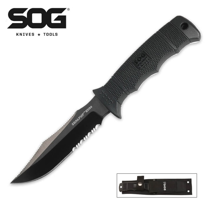 SOG Seal Pup Elite Black Tini Half Serrated Knife with Nylon Sheath