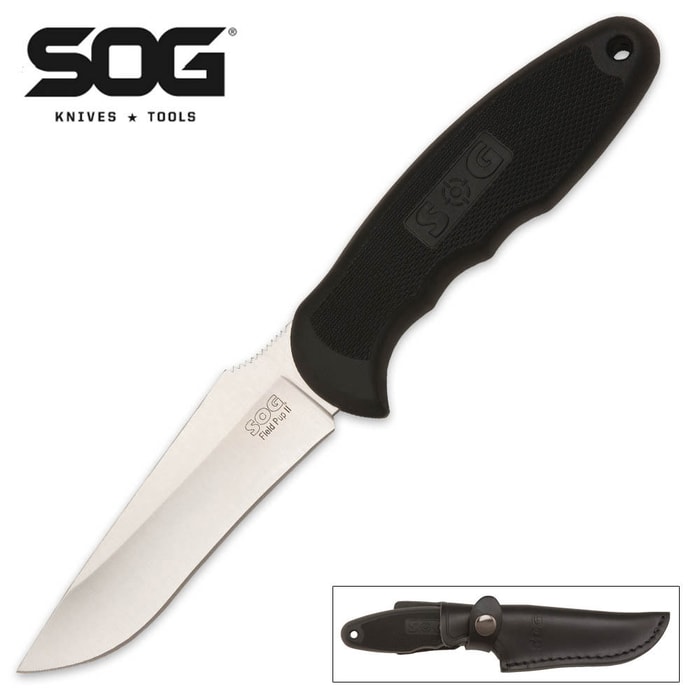 SOG Field Pup II Satin Fixed Blade Knife with Leather Sheath