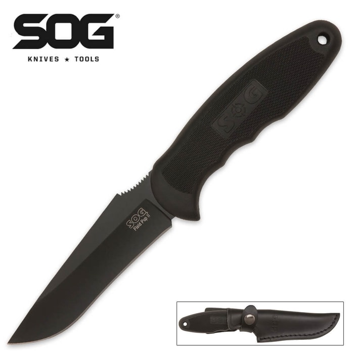 SOG Field Pup II Black Tini Fixed Blade Knife with Leather Sheath