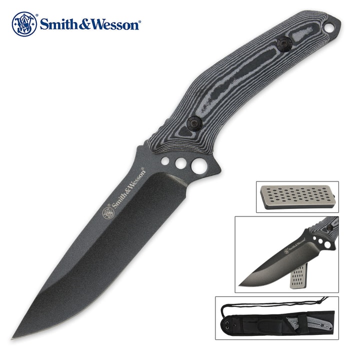 Smith And Wesson Micarta Drop Point Fixed Blade Knife With Sharpener