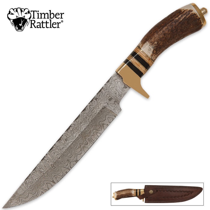 Timber Wolf Genuine Stag Fileworked Damascus Bowie & Leather Sheath