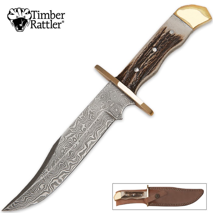 Timber Rattler Stag Handle Damascus Bowie Knife