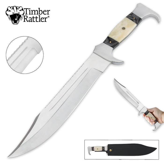 Timber Rattler Filework Signature Striped Bowie Knife With Leather Sheath