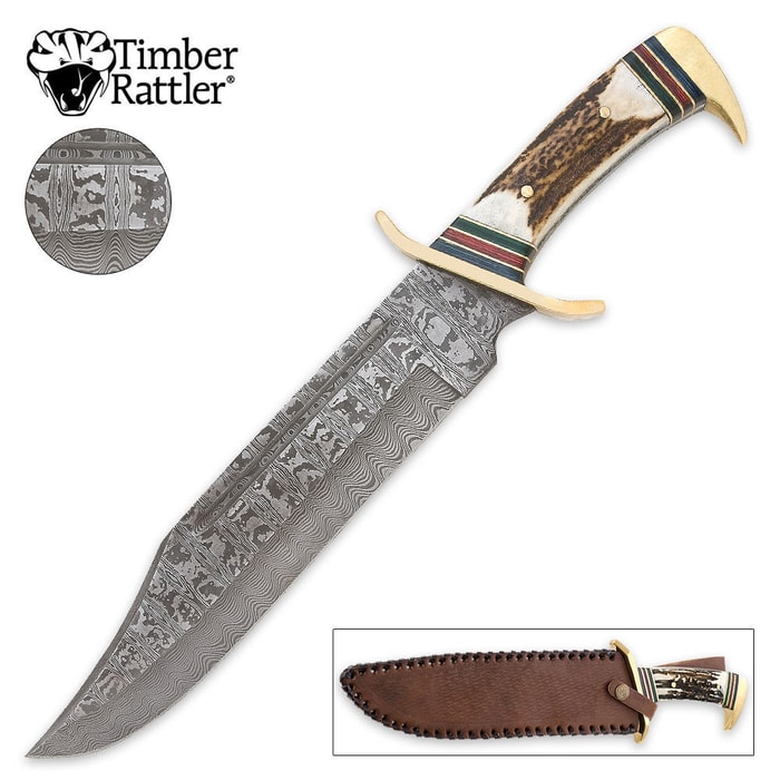 Timber Rattler Giant Genuine Stag Damascus Bowie Knife & Leather Sheath