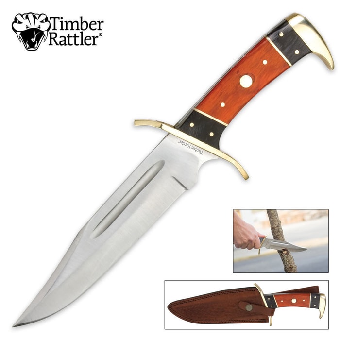 Timber Rattler 12 Inch Dark Pakka Bowie Knight has a 7 1/2” blade with brass guard and brown leather sheath.