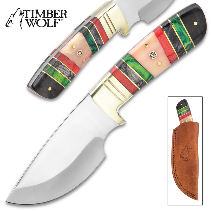 Timber Wolf Emerald Isle Knife With Sheath - Stainless Steel Blade, Full-Tang, Bone And Wood Handle, Brass Bolster - Length 9”