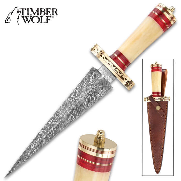 Timber Wolf Karnak Temple Dagger And Sheath - Fire Pattern Damascus Steel Blade, Natural Bone Handle, Brass Guard - Length 14 1/4”