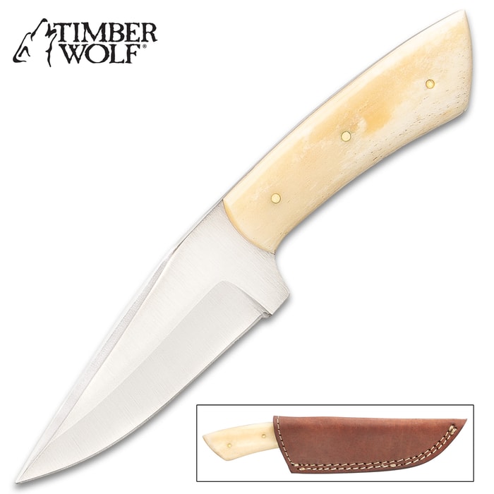 Timber Wolf Aleutian Knife With Sheath - Stainless Steel Blade, Bone Handle, Stainless Steel Pins - Length 7 3/4”