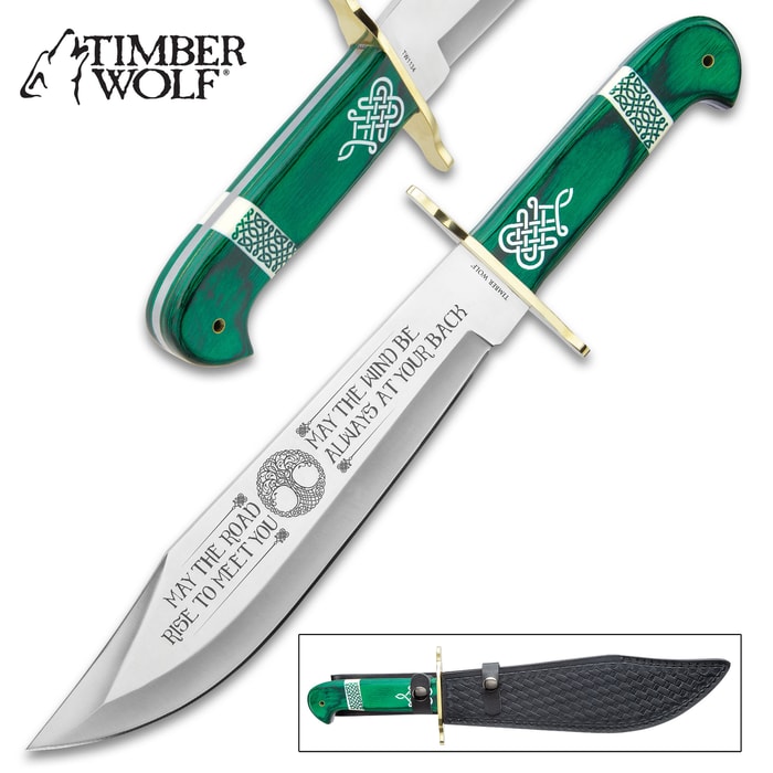 Timber Wolf Celtic Heritage Bowie Knife And Sheath - Stainless Steel Blade, Themed Etchings, Pakkawood Handle Scales, Brass Guard - Length 16”