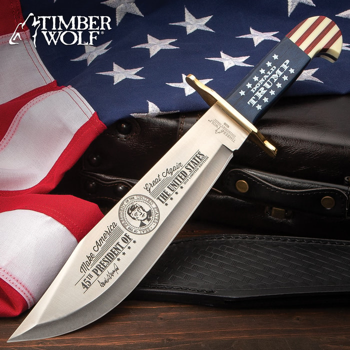 Timber Wolf Limited Edition Trump Bowie Knife And Sheath - Stainless Steel Blade, Wooden Handle Scales, Brass Guard - Length 16”