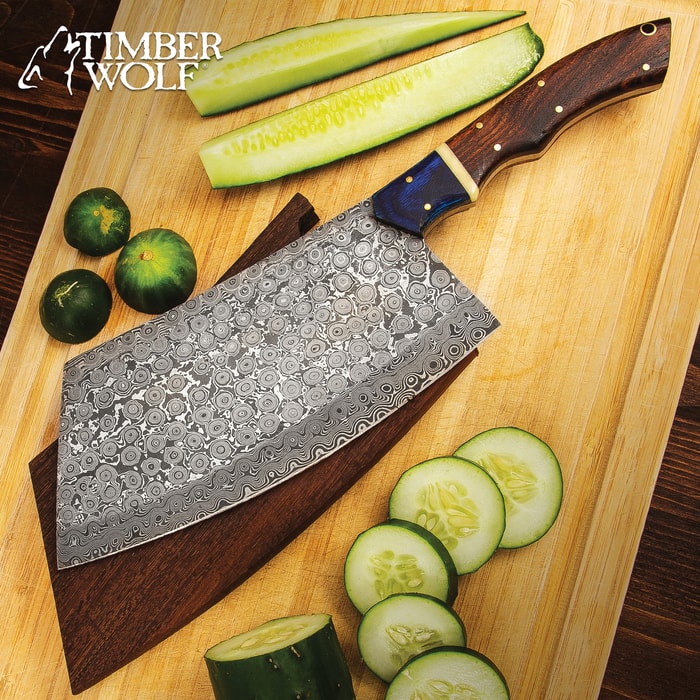 Timber Wolf Cleaver Butcher Knife II - Damascus Steel Blade, Full-Tang, Wooden Handle, Brass Pins - Length 13 3/4”