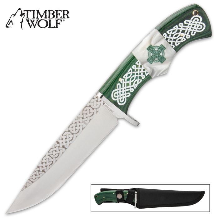 A handsome fixed blade knife from Timber Wolf that features an elegantly etched Celtic knotwork design on the handle