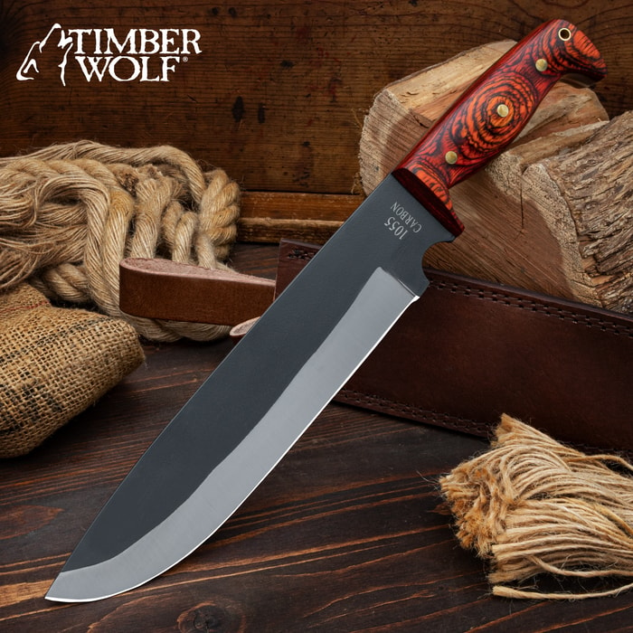 The Timber Wolf Heart of Darkness Bowie Knife shown with its sheath