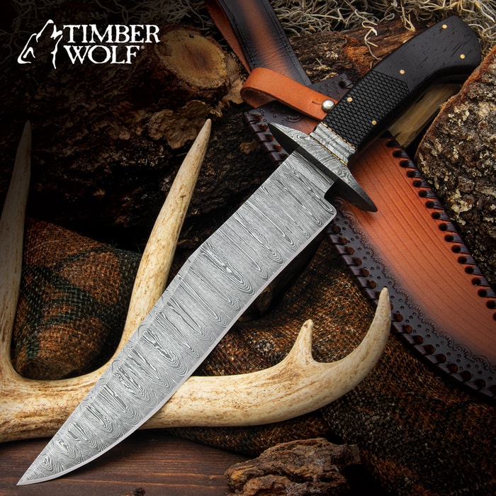 The full length of the Timber Hunter Deer Hunter Bowie Knife on display