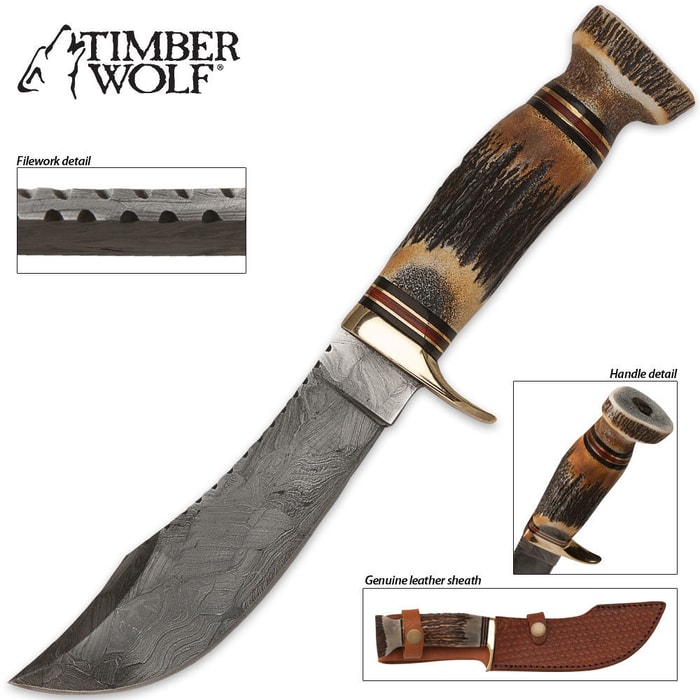 Timber Wolf Trail Hunter Damascus Knife & Leather Sheath