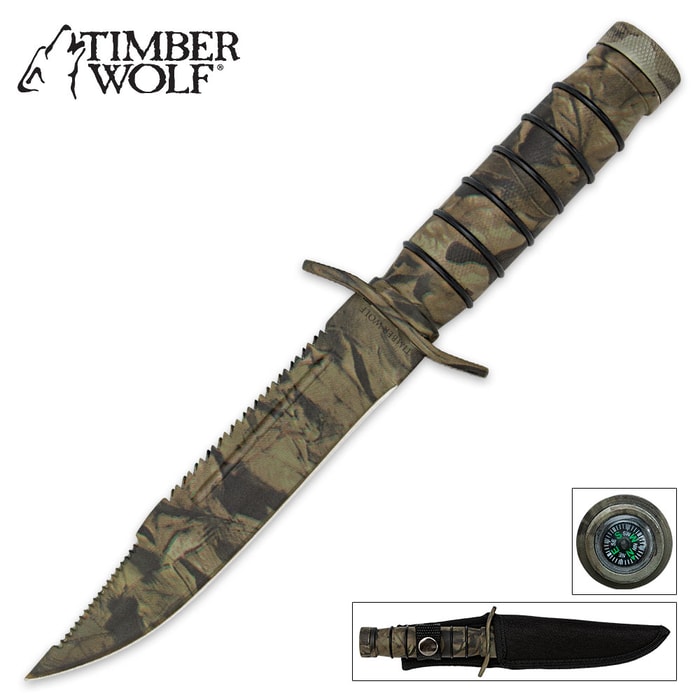 Timber Wolf Camo Jungle Survival Knife with Sheath and Survival Kit