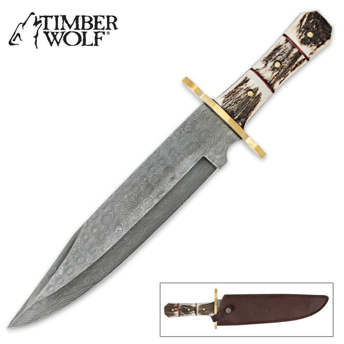 Damascus Knife Bowie Genuine Stag Handle