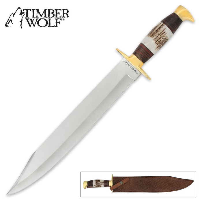 Timber Wolf Stag Tracker Bowie Knife & Leather Sheath