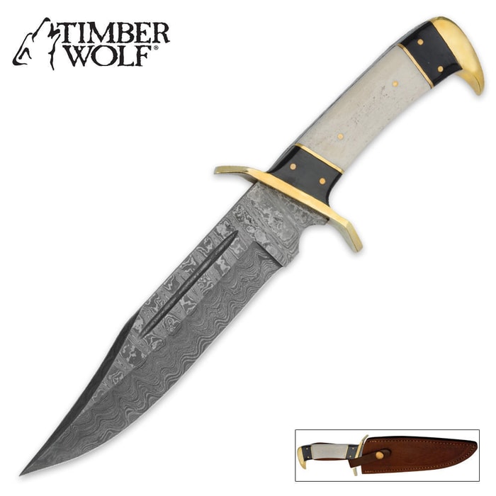 Timber Wolf Damascus Steel Bowie Knife & Leather Sheath