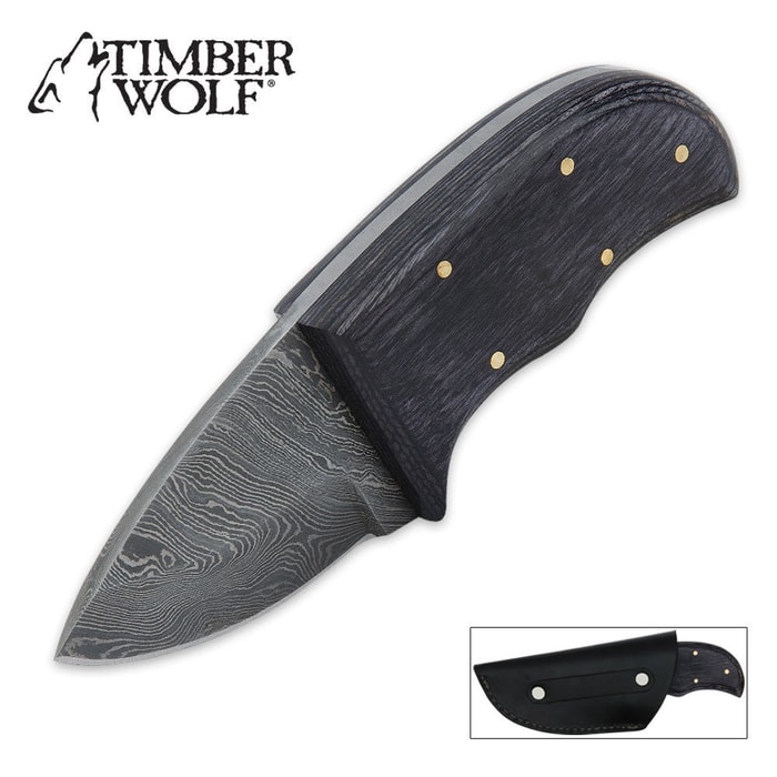 Timber Wolf Blackwood Skinner Knife Damascus Steel & Leather Sheath
