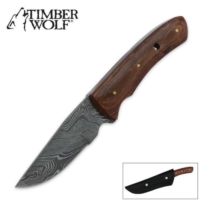 Timber Wolf Hunter Olive Wood Damascus w/ Sheath