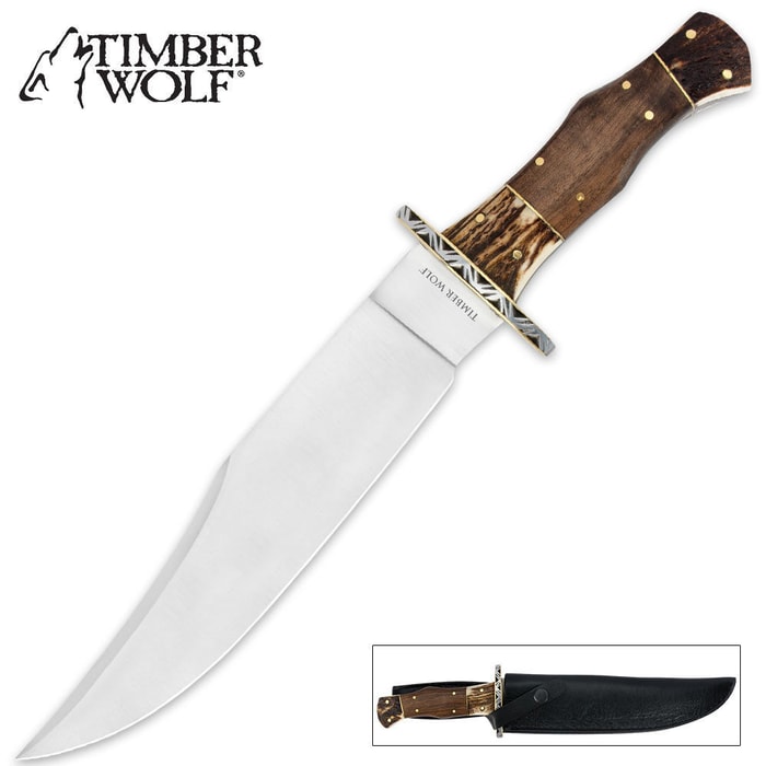 Timber Wolf Stainless Stag and Walnut Wood Bowie with Sheath