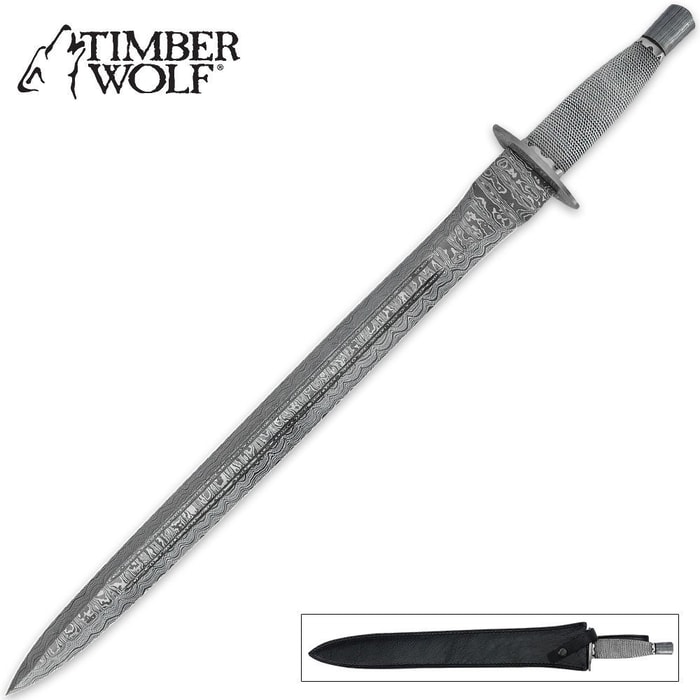 Timber Wolf Damascus steel sword has a wire-wrapped handle and leather belt sheath. 