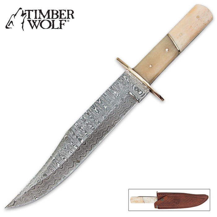 Timber Wolf White Bone & Damascus Fixed Blade Bowie Knife