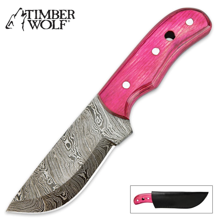Timber Wolf Pink Pakkawood Damascus Fixed Blade Hunter Knife