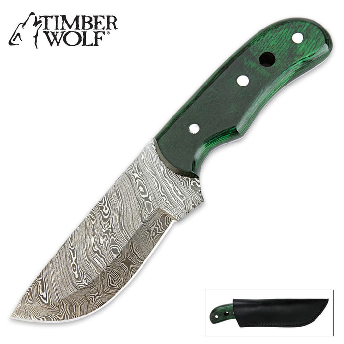 Timber Wolf Emerald Green Pakkawood Damascus Steel Fixed Blade Hunting Knife
