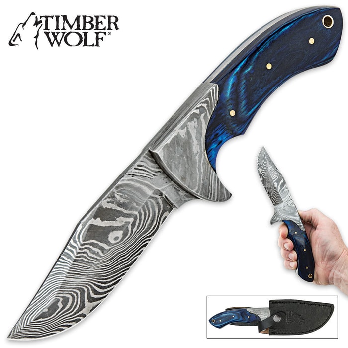 Timber Wolf Fixed Blade Blue Blaze Bowie Knife With Leather Sheath