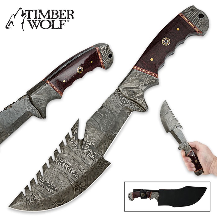 Timber Wolf Multifunctional Sawback Fixed Blade Damascus Survival Hunting Knife