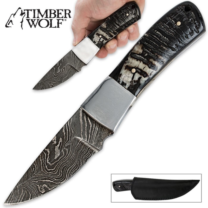 Timber Wolf Damascus & Sheep Horn Fixed Blade Hunting Knife With Sheath