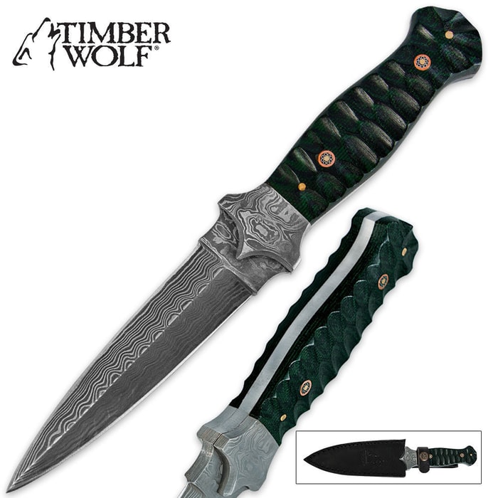 Timber Wolf Damascus Steel & Micarta Boot Knife Green & Black